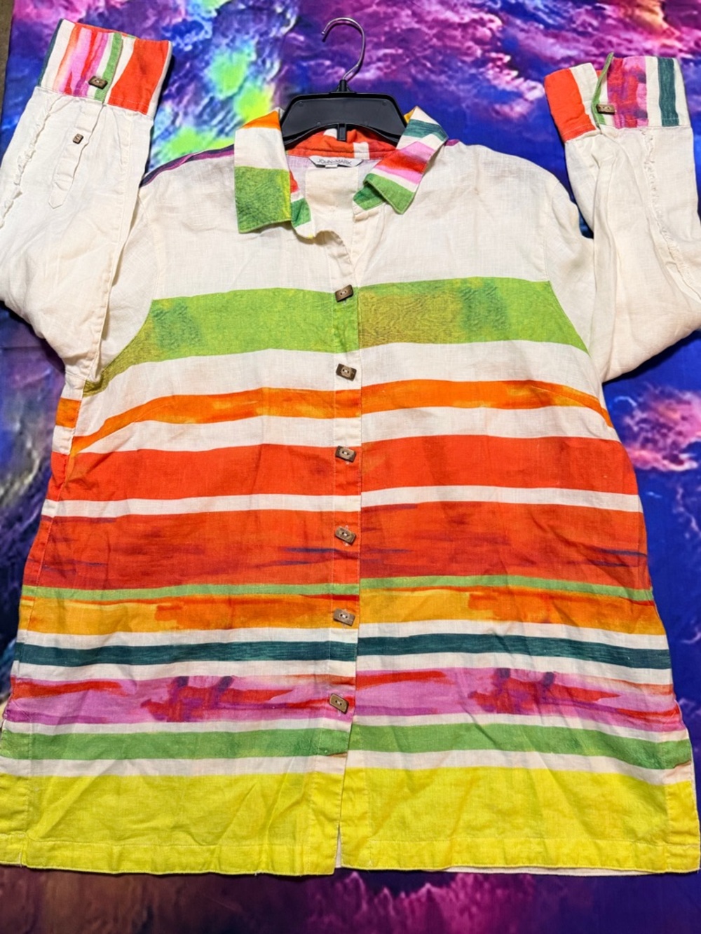 John Mark Cream Top with Green, Orange, Pink & Teal Striped Collar